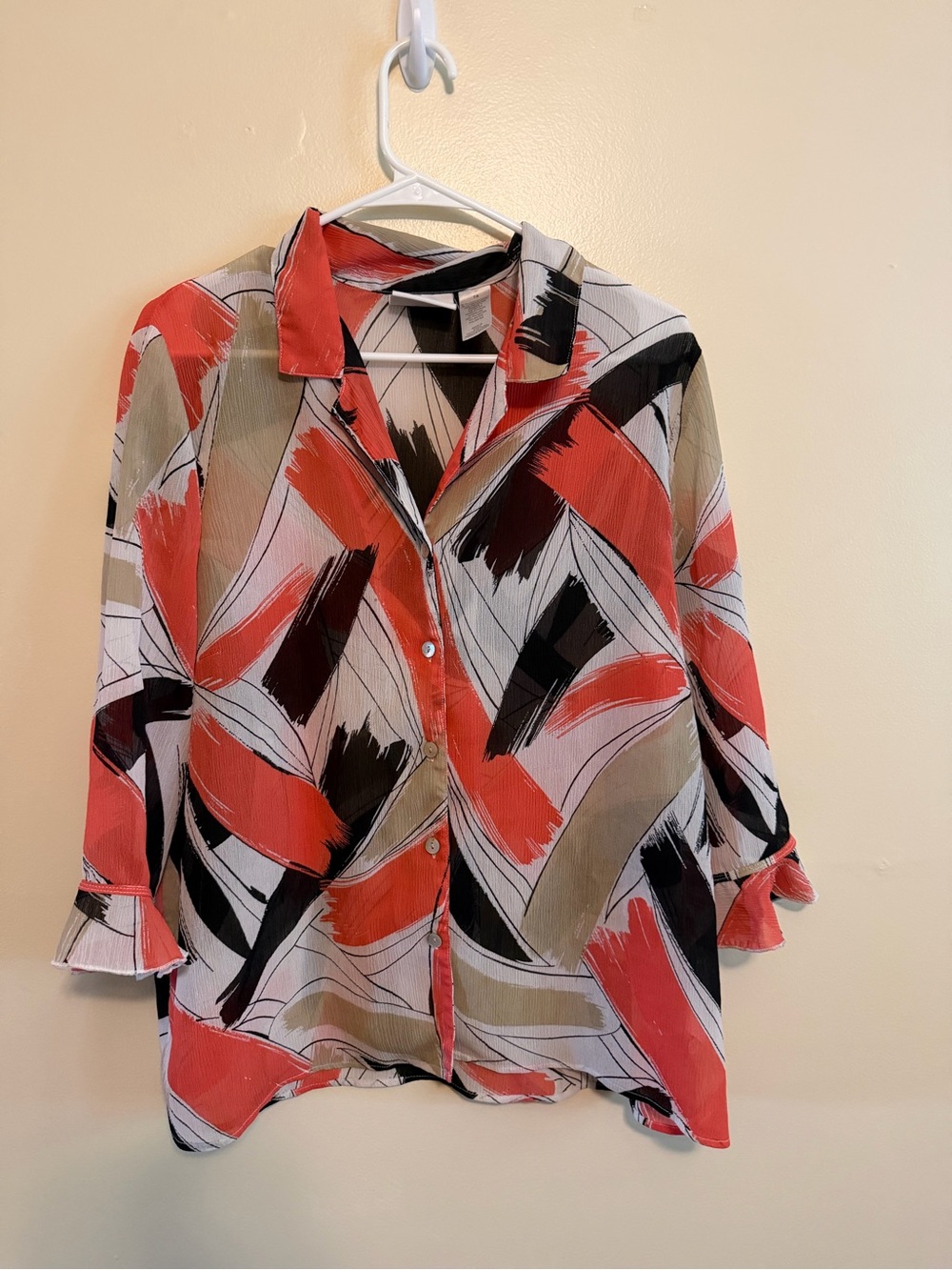 Alfred Dunner Coral, Black & Tan Brushstroke Button-Down Blouse